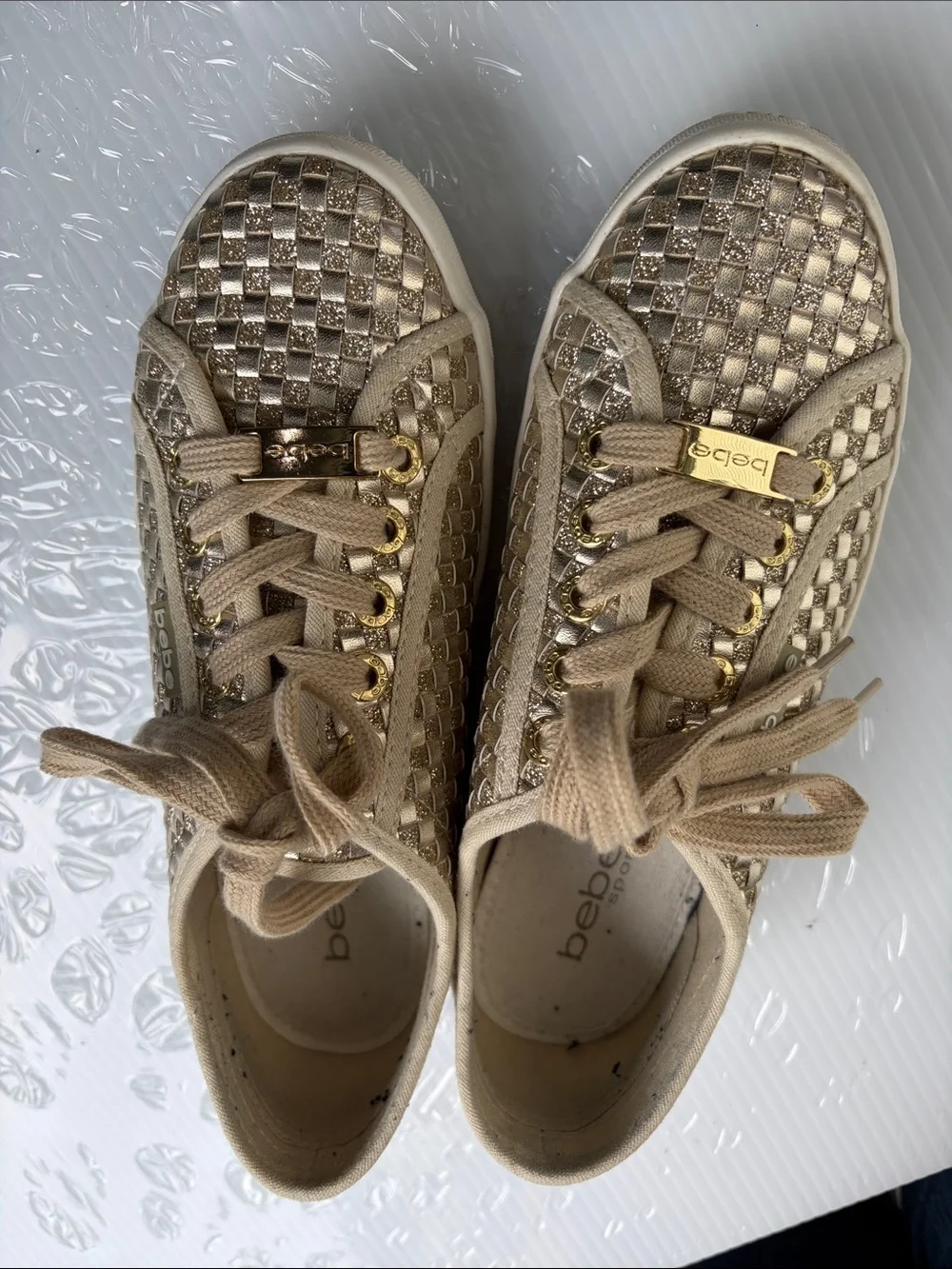 bebe Metallic Beige Woven Lace-Up Sneakers with Gold Accents